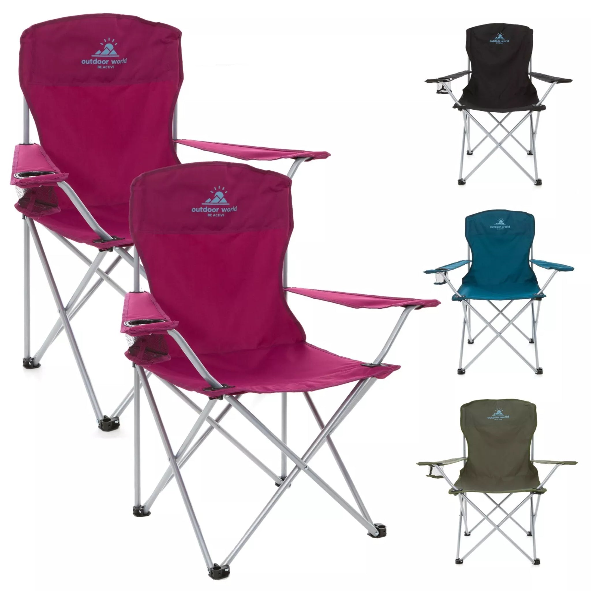 Berry Red/Pink Outdoor World Folding Camping Chair with Cup Holder High Back Waterproof Fabric Durable Steel Legs and Carry Bag 2 Pack